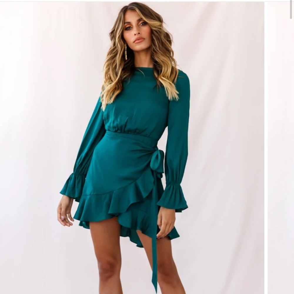 Hello Molly Darla Long Sleeve Satin Dress Forest Green mini dress with